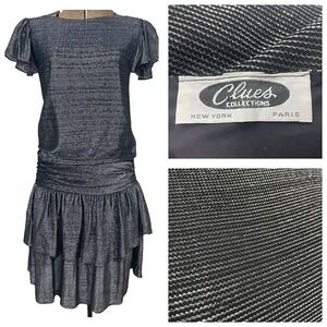 Vintage Womens (S) Metallic Silver Drop Waist 80s Midi‎ Dress Disco Whimsi Party